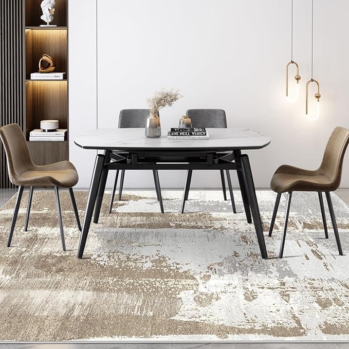 Washable Rug Low Pile Modern Bedroom Area Rug 8x10 Non-Slip Backing Home Decor No Shedding Lightweight Abstract Large Carpet for Dining Room Living Room Office, Brown
