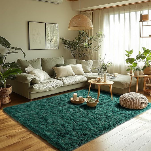 Zentavio Emerald Green Rugs for Bedroom 4x6 Dark Green Area Rugs for Living Room Fluffy Fake Grass Carpet for Kids Room Playroom Furry Shag Aesthetic Soft High Pile Washable Home Decor