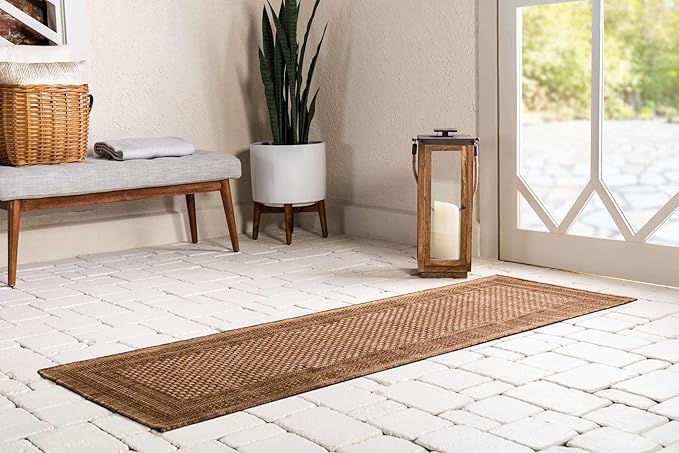 Unique Loom Outdoor Border Collection Area Rug - Multi Border (2' 2" x 6' 1" Runner, Tan/ Light Brown)