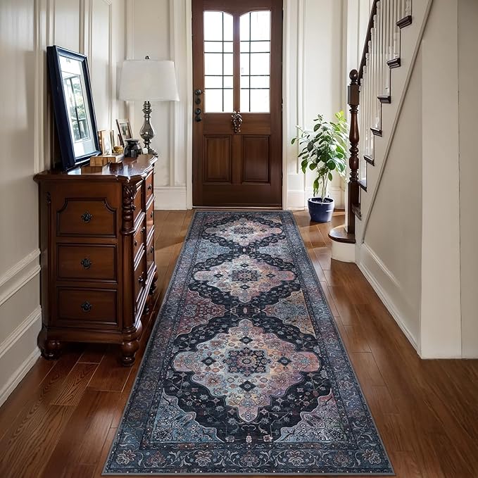 2.6x8 Washable Runner Rug for Hallways, Non Slip Vintage Runner, Soft Low Pile Long Rug Runner, Print Distressed Navy Carpet Runners for Kitchen Bedroom Entryway Bathroom Living Room
