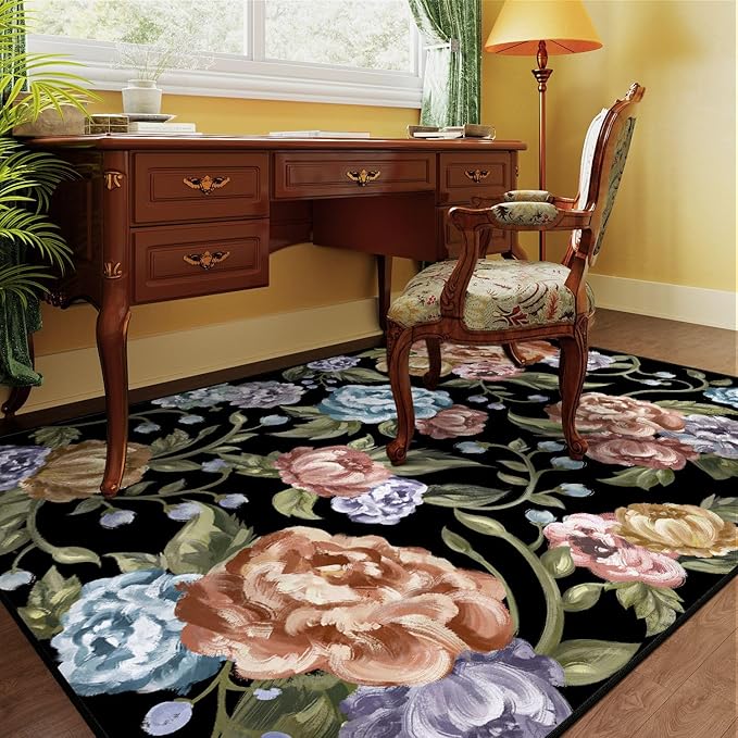 Black Area Rug 5x7 Floral Living Room Indoor Non Slip Bedroom Large Boho Carpet Washable Low Pile Soft Accent Rug for Office Dining Room Farmhouse