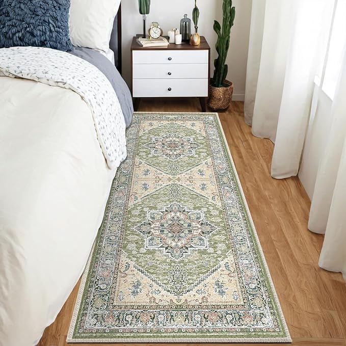 BESTSWEETIE 2x6 Area Rugs for Living Room Washable Non Slip Carpet Low Pile Soft Vintage Print Pattern Rug for Bedroom Dining Room Kitchen Entryway Indoor-Green/Light tan/Blue/Grey