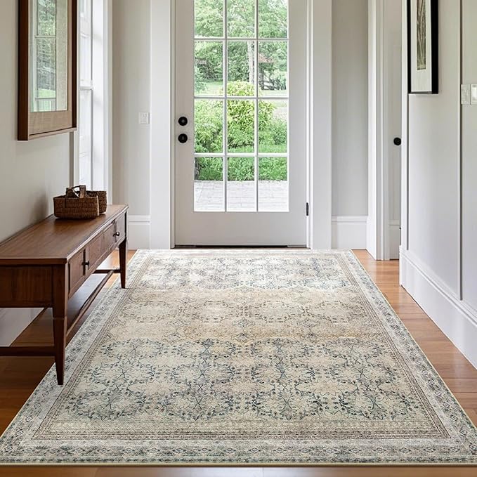 4x6 Area Rug for Bedroom Machine Washable, Non Slip Vintage Floral Kitchen Rugs for Dining Room, Rustic Indoor Floor Carpet for Nursery, Farmhouse, Office Classroom Beige/Pink/Orange