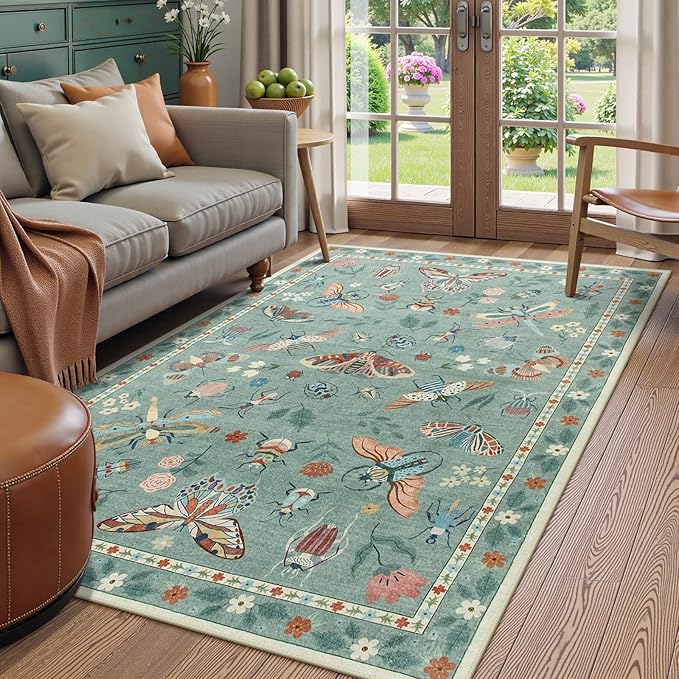 Beeiva Insect Print Rug 5x7, Washable Large Area Rugs for Living Room Non Slip, Boho Soft Low Pile Ultra Thin Soft Carpet for Office, Bedroom, Kids Room, Playroom - Light Green