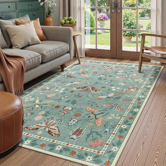 Beeiva Insect Print Rug 5x7, Washable Large Area Rugs for Living Room Non Slip, Boho Soft Low Pile Ultra Thin Soft Carpet for Office, Bedroom, Kids Room, Playroom - Light Green