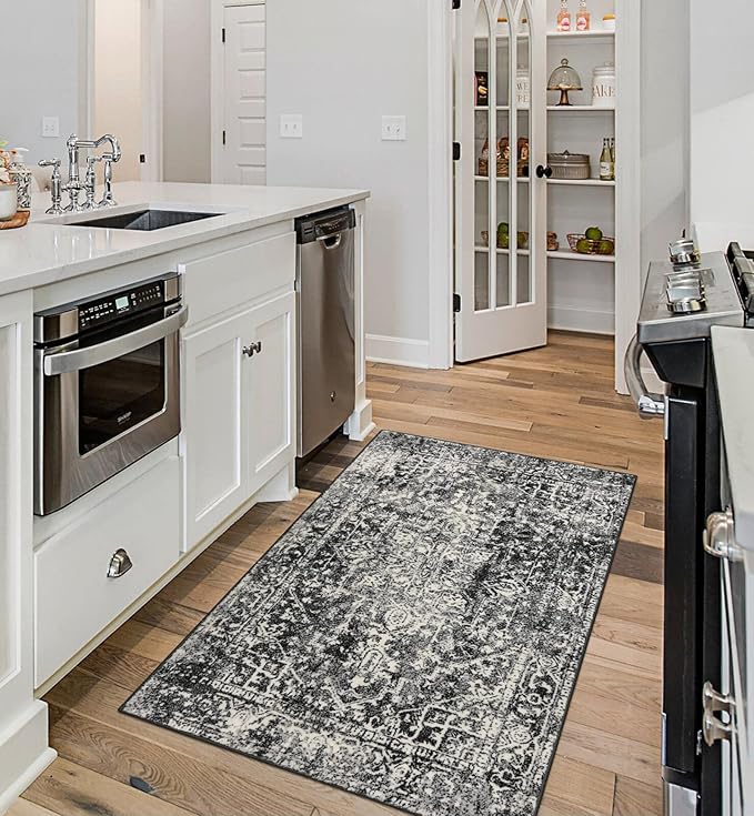 Morebes Vintage 3x5 Rug for Living Room, Washable Black Entryway Rug Non Slip Soft Bedroom Rugs, Medallion Low Pile Soft Indoor Carpet for Bathroom Kitchen Laundry (3'x5',Black/White)