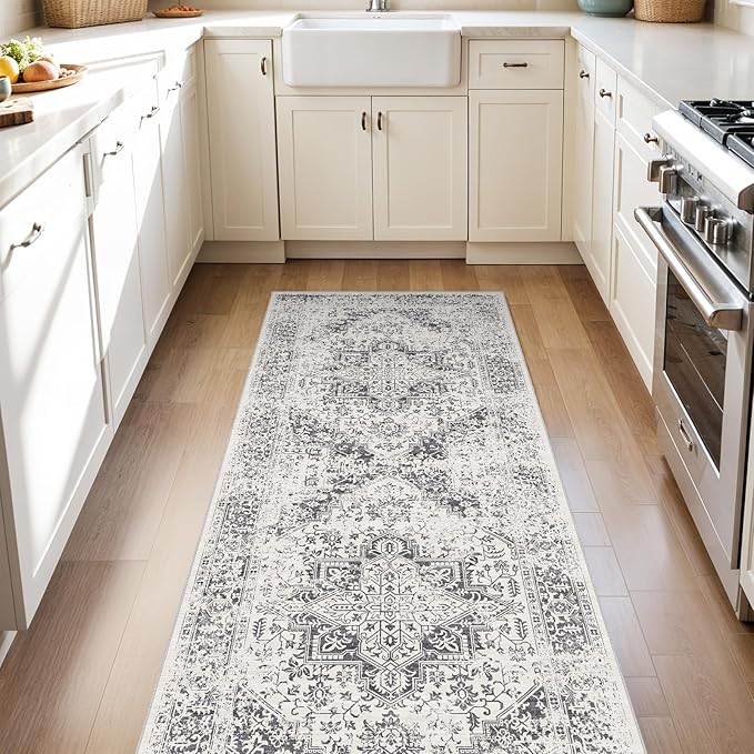 Washable Hallway Runner Rug 3x8: Soft Vintage Kitchen Laundry Runner Non Slip Low-Pile Entryway Living Room Stain Resistance Indoor Floor Long Carpet for Bedroom Bathroom, Grey