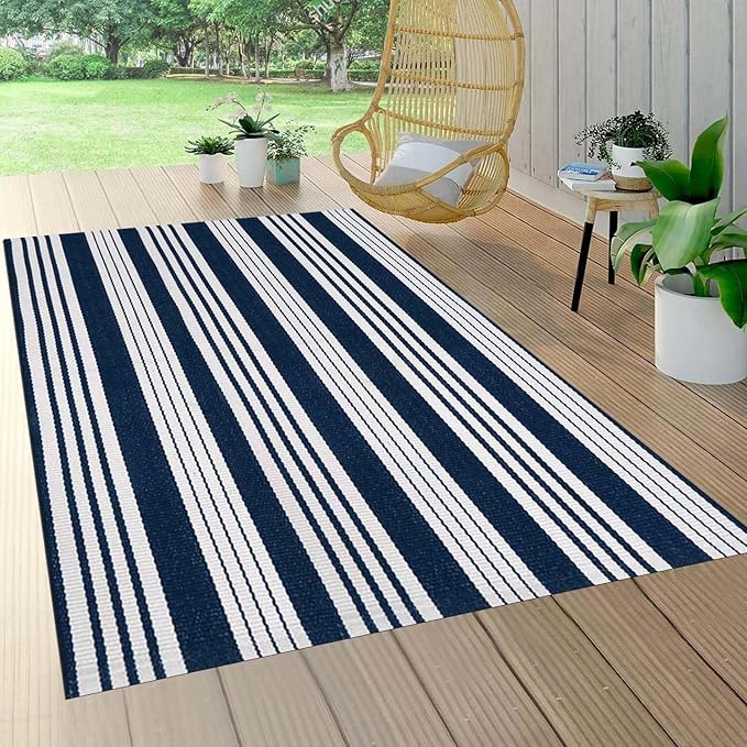 BUAGETUP Blue and White Striped Outdoor Patio Rug 4' x 6',Hand Woven Cotton Patio Rug Front Porch Rug Indoor Outdoor Area Rug for Bedroom/Living/Room/Patio