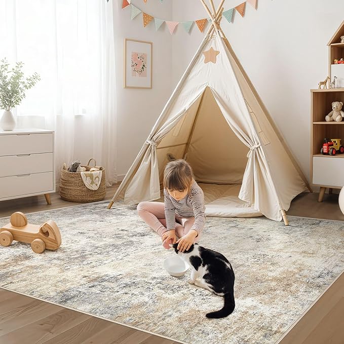 3x5 Area Rug Living Room Rugs - Washable Neutral Modern Abstract Soft Thin Rug Indoor Floor No Slip Rug Carpet for Bedroom Under Dining Table Home Office Decor - Golden Grey