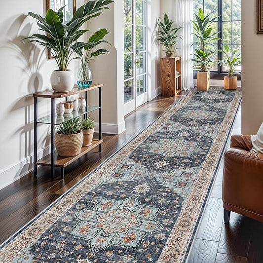 Washable Oriental Hallway Runner Rug - 3x16 Rugs for Living Room Soft Carpet for Bedroom Kitchen Waterproof Floral Distressed Indoor Stain Resistant Non-Shedding Floor Carpets (Blue/Teal/Orange, 3X16)