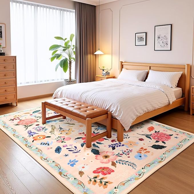 4x6 Floral Rug for Girls Bedroom, Machine Washable Area Rugs with Non Slip Backingfor Living Room, Cute Flowers Carpet Kitchen Dining Room Kids Playroom Decor, Peach White
