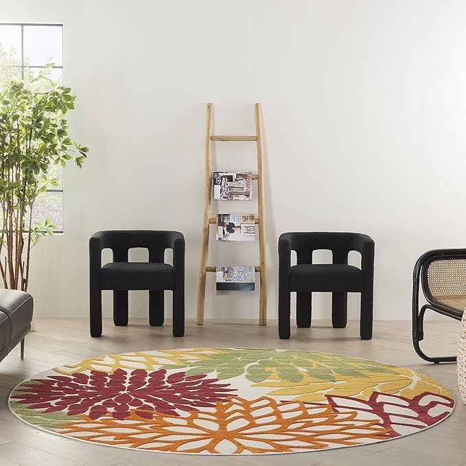 Nourison Aloha 94" Round Fabric Indoor/Outdoor Rug in Red Multi-Color