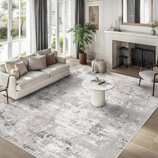 12x12ft Square Living Room Rug – Non-Slip Washable Extra Large Floor Carpet for Bedroom, Dining Room, Playroom Room – Modern Abstract Neutral Thin Low-Pile Big Indoor Rug (Beige,Grey)