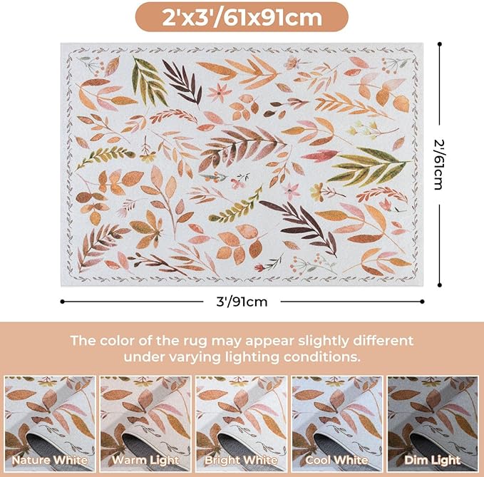 Syalife 2x3 Area Rugs, Non Slip Washable Small Rugs for Entryway, Kitchen, Bathroom, Kids Room, Low Pile Entry Throw Rug Indoor Front Door Mat (Orange Leafy, 2'x3')