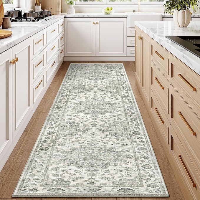 2x8 Washable Neutral Runner Rug Green Hallway Kitchen Non-Slip Low Pile Floral Carpet Vintage Soft Thin Throw Rug for Bathroom Bedroom Entryway Laundry Dining Room