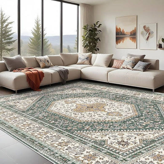 10x14 Washable Vintage Rug: Oriental Rugs for Living Room Non Slip Backing Stain Resistant Large Indoor Carpet for Bedroom Area Rug Dining Room Decor(Green,10x14FT)