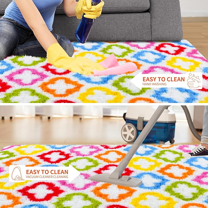 Tepook Fluffy Colorful Rug for Kids, Shaggy Soft Rainbow Area Rugs for Girls Bedroom, Indoor Modern Geometric Moroccan Rugs Plush Girls Kids Rug for Playroom Teens Room Nursery Home Decor, 4 X 6 ft