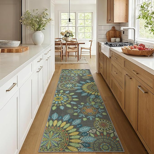 Bavni Kitchen Runner, Washable 2x12 Rugs Non Slip, Floral Thin Runners, Stain Resistant Carpet Runner for Bathroom, Bedroom, Hallway, Multi