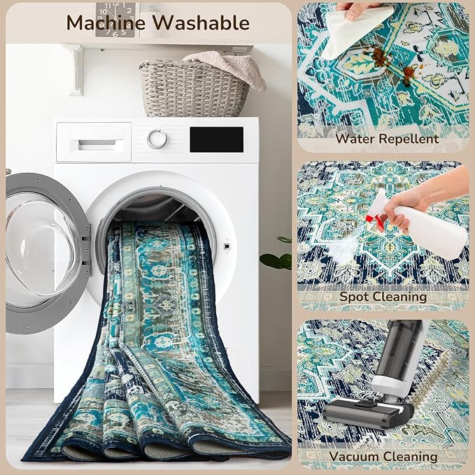 BESTSWEETIE 2x3 Area Rugs for Living Room Washable Non Slip Carpet Low Pile Soft Vintage Print Pattern Rug for Bedroom Dining Room Kitchen Entryway Indoor-Teal/Navy/Green/Yellow