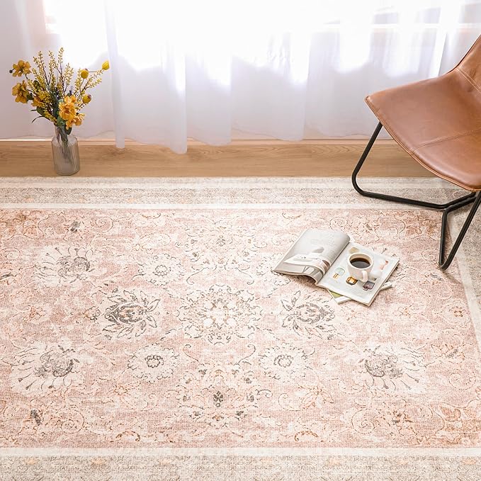 Phantoscope Vintage Collection Area Rug 6'x9' for Living Room - Washable Rug Large Boho Carpet Non-Slip for Bedroom Dining Room, Indoor Low-Pile Neutral Distressed Accent Rug, Soft Pink/Beige