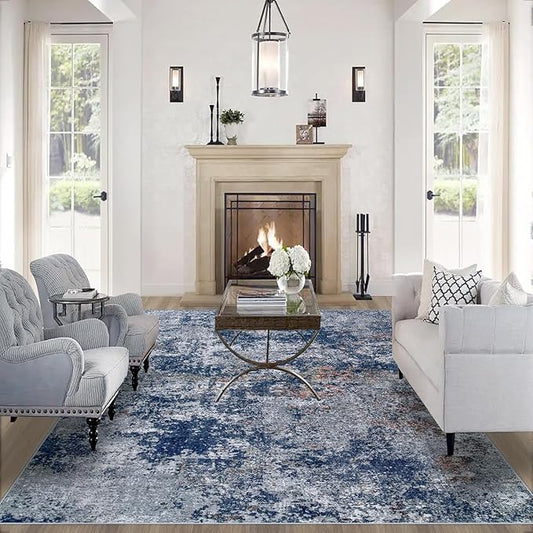 10x14 Area Rugs for Living Room: Large Machine Washable Area Rug with Non Slip Backing Non Shedding Abstract Stain Resistant Carpet for Bedroom Dining Room Nursery Home Office - Blue