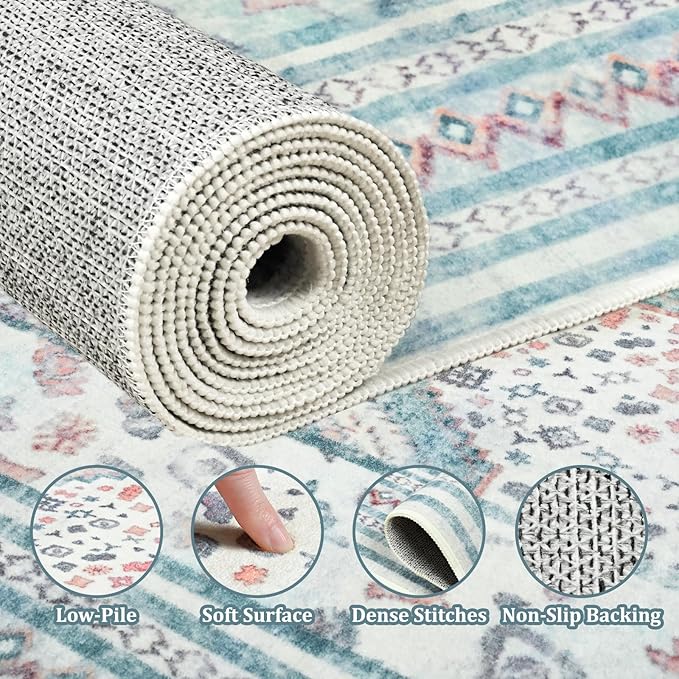 Maxsoft 6x9 Area Rug,Vintage Machine Washable Rugs for Living Room, Soft Non-Slip Low Pile Rug, Stain Resistant Rugs for Kitchen, Bedroom, Dining Room,Laundry Room,Nursery (Beige White)
