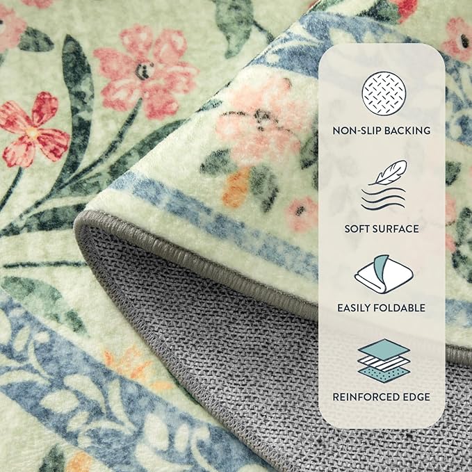 Lahome Machine Washable Runner Rug 2x6,Boho Bathroom Rug Runner,Vintage Floral Soft Ultra-Thin Indoor Throw Carpet for Entryway Bedroom Hallway Bath Laundry Room, Green/Multi