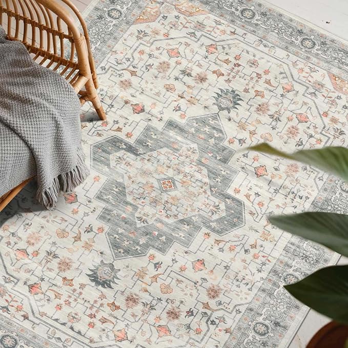 4x6 Washable Area Rug for Living Room, Vintage Neutral Boho Rugs for Office, Dining Room, Kids Room, Farmhouse, Durable Low Pile Non Slip Carpet for High Traffic Areas, Taupe