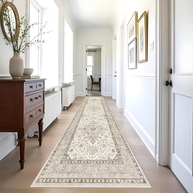 Runner Rug 3x10 - Non Slip Runners for Hallway Washable Oreiental Neutral Entryway Rugs with Rubber Backing Long Indoor Farmhouse Floor Mat Kitchen Soft Low Pile Stain Resitant Thin Carpet 3x10 Ivory