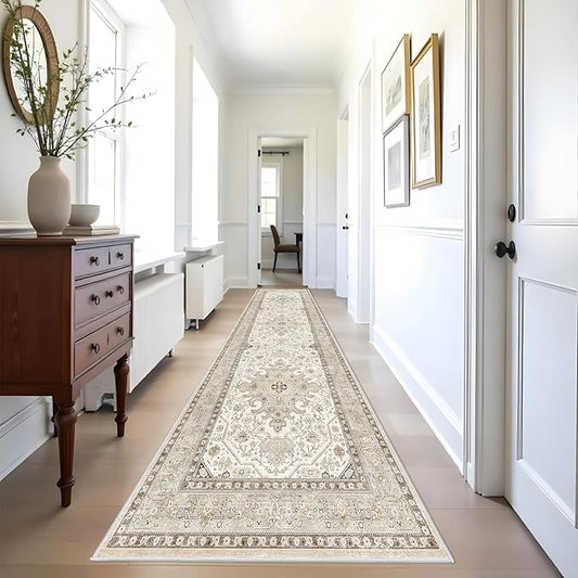 Runner Rug 3x10 - Non Slip Runners for Hallway Washable Oreiental Neutral Entryway Rugs with Rubber Backing Long Indoor Farmhouse Floor Mat Kitchen Soft Low Pile Stain Resitant Thin Carpet 3x10 Ivory