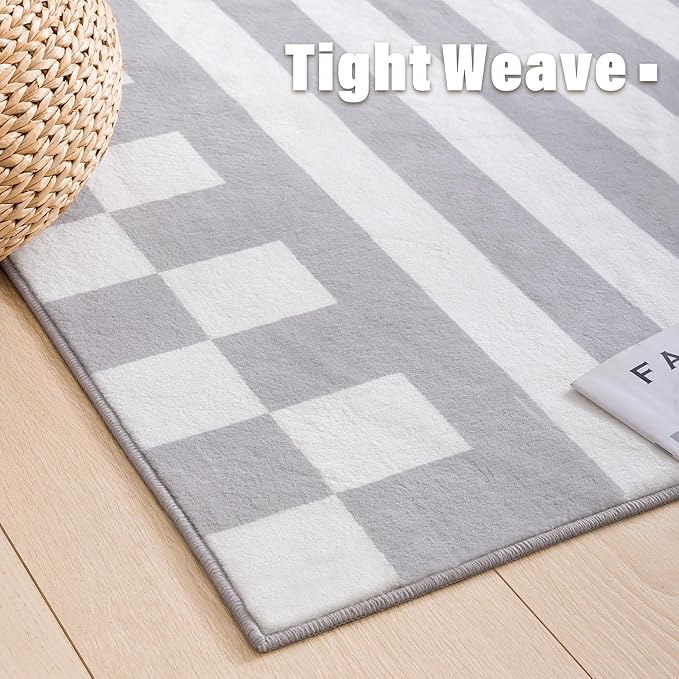 Carvapet Gray Rugs for Living Room Bedroom, Striped Low Pile Modern Carpet with Rubber Backing, Foldable, Non Slip Machine Washable (6 x 4 Feet Rectangular, Grey Area Rug)