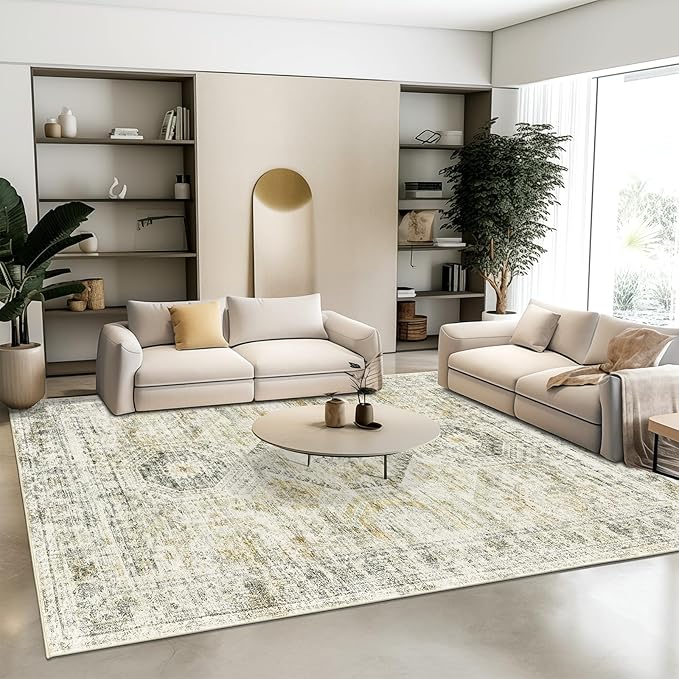 Washable Area Rug 8x10, Large Soft Rugs for Living Room Vintage 8x10 Area Rugs for Bedroom Dining Room Non-Slip Stain Resistant Under Table Grey Rug