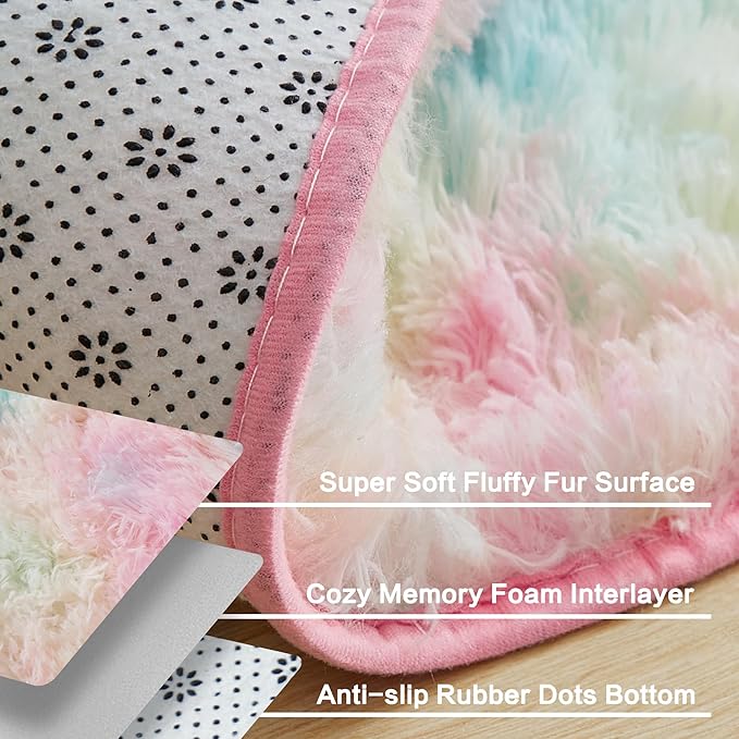 Andency 4x6 Shag Area Rug for Living Room, Rainbow Soft Fuzzy Plush Indoor Carpets for Bedroom, Non Skid Fluffy Faux Fur Rug for Nursery Kids Boys Girls Room