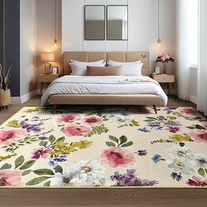 5x7 Floral Area Rugs for Living Room, Machine Washable Boho Vintage Flower Large Rugs for Bedroom, Farmhouse Dining Room Kids Room Non-Slip Soft Low Pile Accent Carpet for Girls Room, Beige