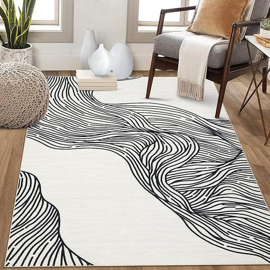 Washable Rug 5x7 Modern Abstract Area Rugs for Living Room Non Slip Backing Indoor Carpet Soft Faux Wool Bedroom Rug Low Pile Non-Shedding Rug for Dining Room Nursery Office Cream