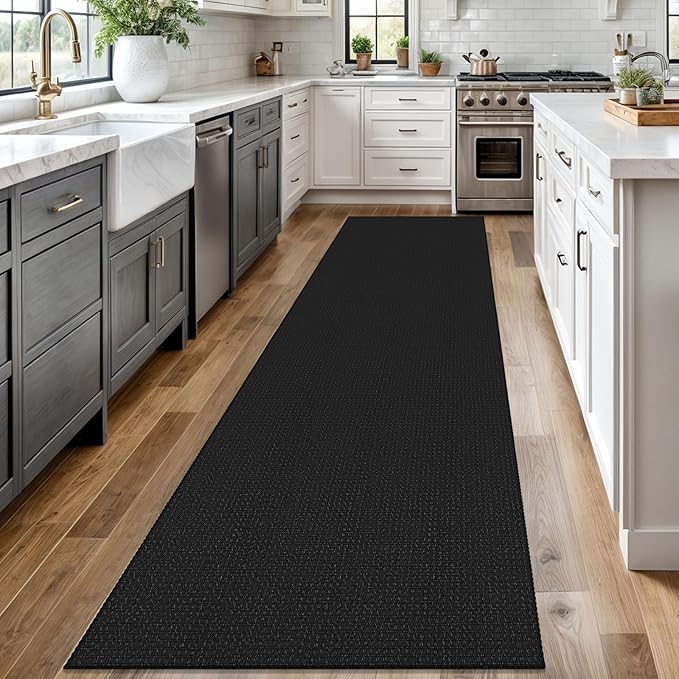 Braided Runner Rug 2.6x12 Ft Washable Runners for Hallways Non Slip Rubber Backed Kitchen Runners Cotton Extra Long Entryway Runner Indoor, Woven Carpet for Hall Entryway, Black/Grey