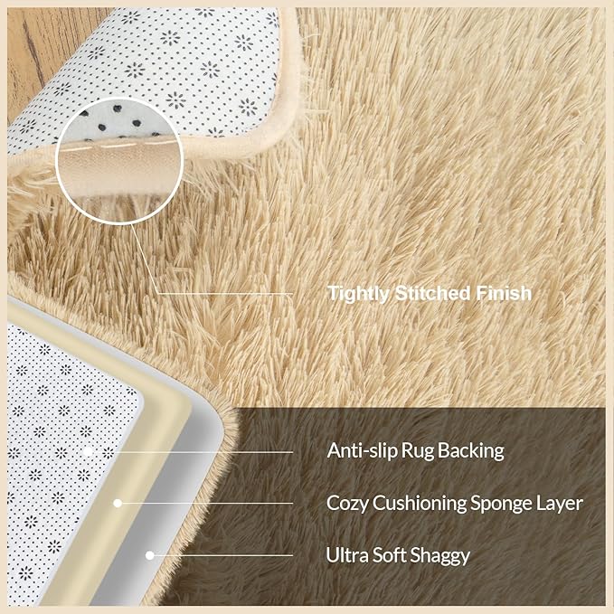 6x9 Rugs for Living Room, Large Fluffy Area Rugs for Bedroom, Soft Carpet Shag Kids Room Rug, Non-Slip Fuzzy Rugs Indoor (Light Tan, 6ft x 9ft)