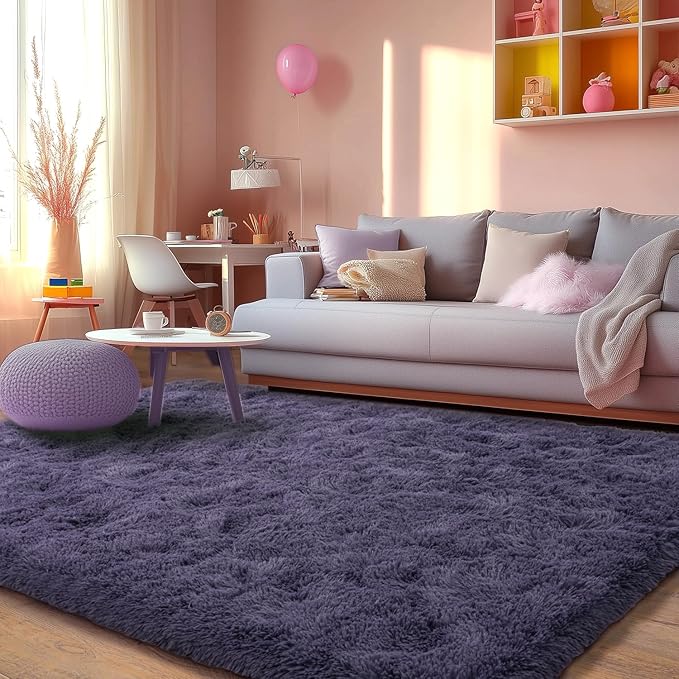 Purple Gray Fluffy Area Rugs for Living Room, Soft Shaggy Carpets for Living Room, Upgrade Anti-Skid Fuzzy Rugs for Kids' Room, Perfect Decor for Modern Home 8x10 Feet
