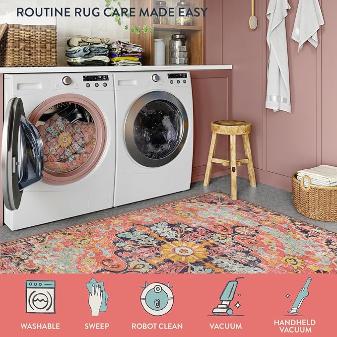 Lahome Bohemian Floral Medallion Area Rug - 4x6 Hot Pink Entryway Rug Soft Laundry Room Mat, Non-Slip Machine Washable Nursery Accent Carpet for Dorm Department Kitchen Office, Fuchsia/Multi