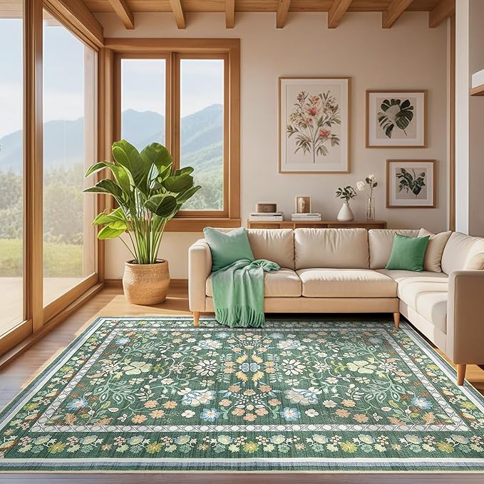 10x14 Area Rug Living Room Rugs - Washable Boho Vintage Floral Large Soft Non Slip Thin Rug Low Pile Carpet for Bedroom Dining Room Kids Playroom Office Decor Indoor- Green