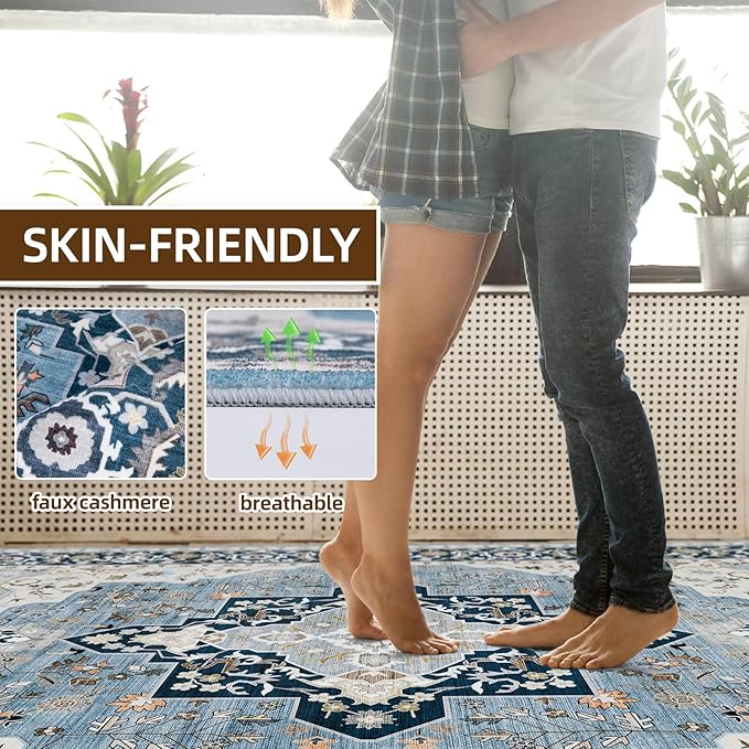 Washable Area Rug 5x7 Non-Slip, Navy Blue Boho Rugs for Living Room Decor，Indoor Mat for Front Porch, Kitchen, Laundry Room, Bathroom