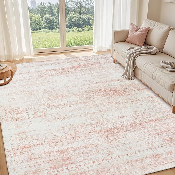 Washable Rugs 5x7 Area Rugs for Living Room,Bedroom,Dining Room- Ultra Soft Faux Wool Nursery Rug for Baby Girl,Neutral Light Pink Low Pile Vintage Carpets for Dorm Kids Playroom,Non Slip