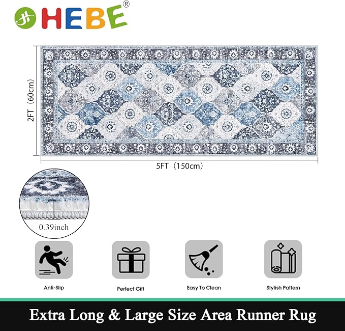 HEBE Hallway Runner Rug 2'x5' Washable Vintage Distressed Area Rugs Non Slip Laundry Rug Runner Boho Floor Carpet Runners for Hallways Entryway Laundry Room Kitchen Bathroom