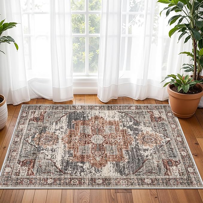 RUUGME Washable 2x3 Area Rugs - Large Boho Rugs for Living Room Stain Resistant Carpet Vintage Tribal Rugs for Bedroom Kitchen Bathroom with Non Slip Backing Home Decor Floor Decoration Mat 2x3 Brick