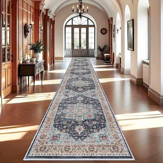 Washable Oriental Hallway Runner Rug - 3x20 Rugs for Living Room Soft Carpet for Bedroom Kitchen Waterproof Floral Distressed Indoor Stain Resistant Non-Shedding Floor Carpets (Blue/Teal/Orange, 3X20)