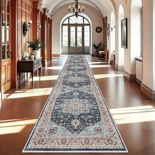 Washable Oriental Hallway Runner Rug - 3x20 Rugs for Living Room Soft Carpet for Bedroom Kitchen Waterproof Floral Distressed Indoor Stain Resistant Non-Shedding Floor Carpets (Blue/Teal/Orange, 3X20)