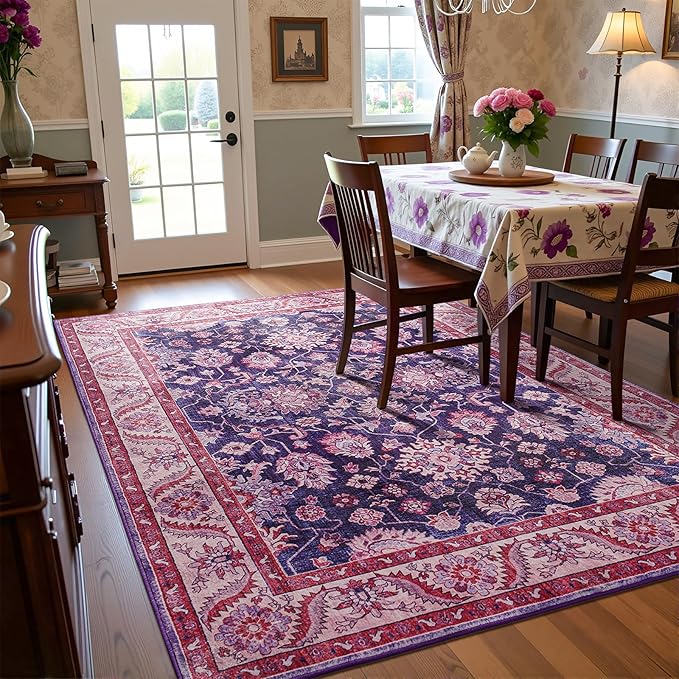 Area Rugs for Living Room, 4x6 Washable Rugs for Bedroom, Non-Slip Retro Floral Carpet for Entryway Office Kitchen Dining Room, Blue and Purple