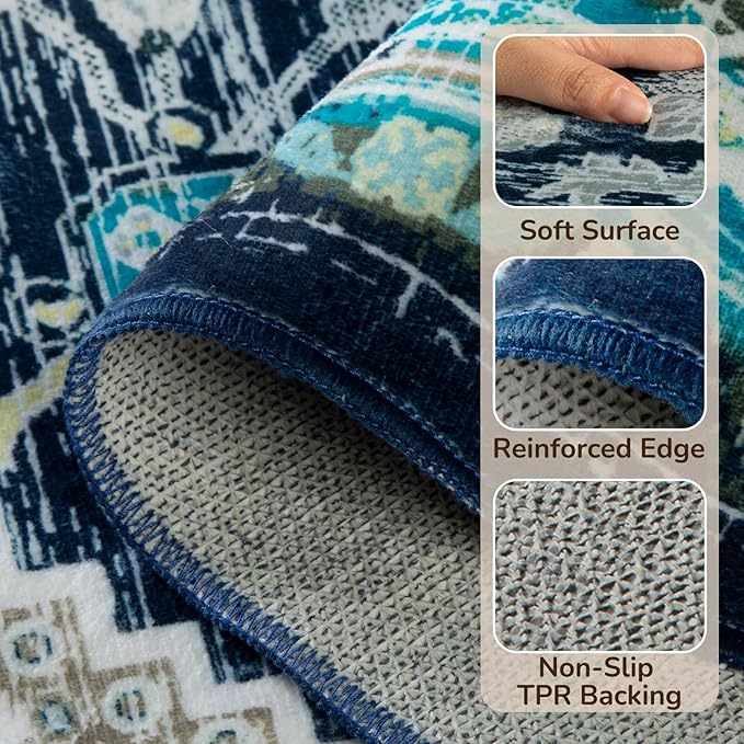 BESTSWEETIE 2x3 Area Rugs for Living Room Washable Non Slip Carpet Low Pile Soft Vintage Print Pattern Rug for Bedroom Dining Room Kitchen Entryway Indoor-Teal/Navy/Green/Yellow
