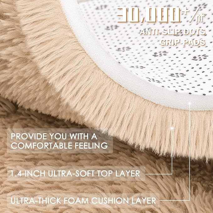 OLANLY Beige Round Rugs for Bedroom - Machine Washable, 9x9 Feet Circle Area Rugs for Living Room, Soft and Fluffy Shaggy Carpet for Teen Girls and Boys, Nursery Rooms, Dorms, Home Decor Aesthetic