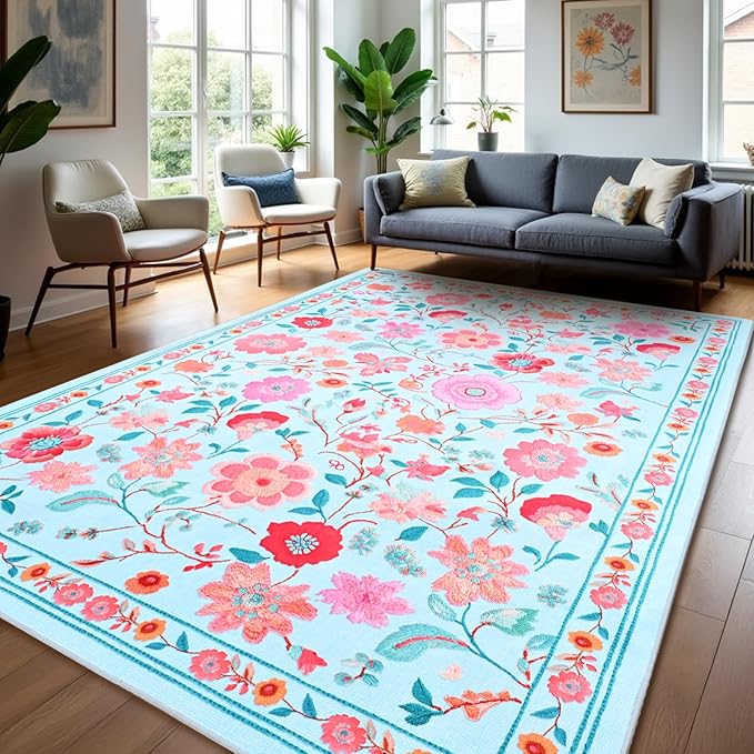 Area Rugs for Living Room 9x12 Non-Slip Carpet Washable Boho Rug Vintage Low Pile Carpet Print Home Rugs for Bedroom Kids Room Playroom Dining Room Home Office Farmhouse,Blue